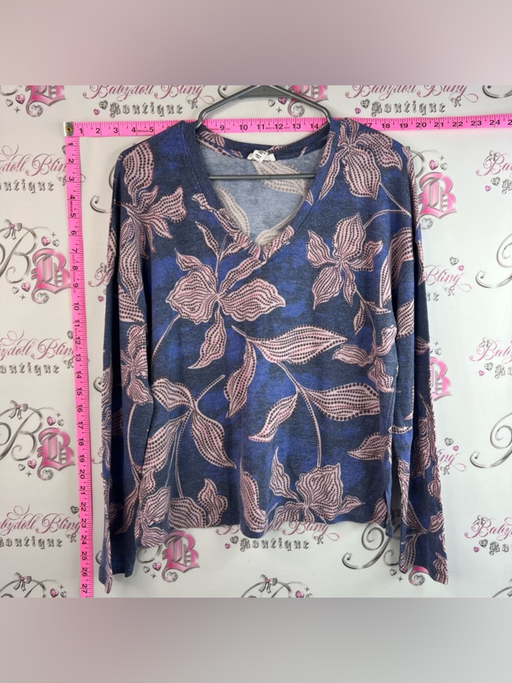 Tribal jeans shirt top stretchy soft Blue & Pink Floral V-Neck Long Sleeve Top
